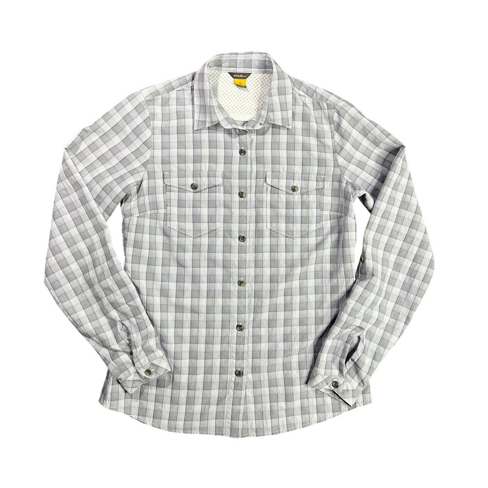 Eddie Bauer Travex Womens XS Grey Plaid Hiking Shirt Long Sleeve Roll Tab Active